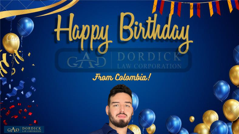 A birthday greeting with blue and gold balloons, featuring the text "Happy Birthday" and "From Colombia!" alongside a person's image.