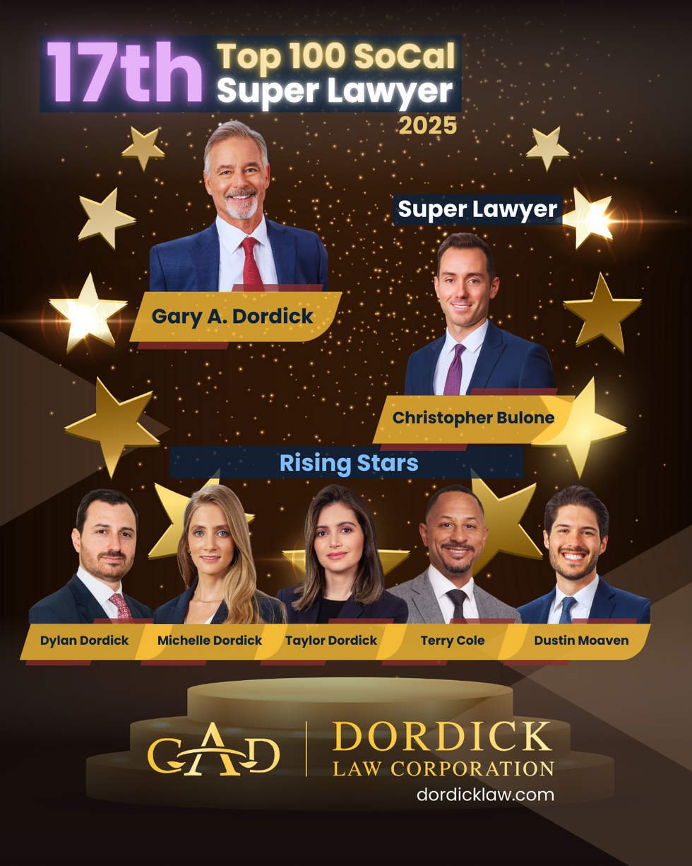 Dordick Law Corporation attorneys featured as 2025 Super Lawyer and Rising Stars in the Top 100 SoCal list.
