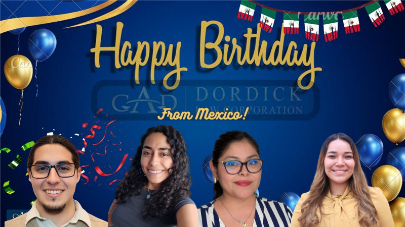 A festive birthday graphic featuring four smiling individuals, balloons, and a "Happy Birthday" message with a Mexican theme.