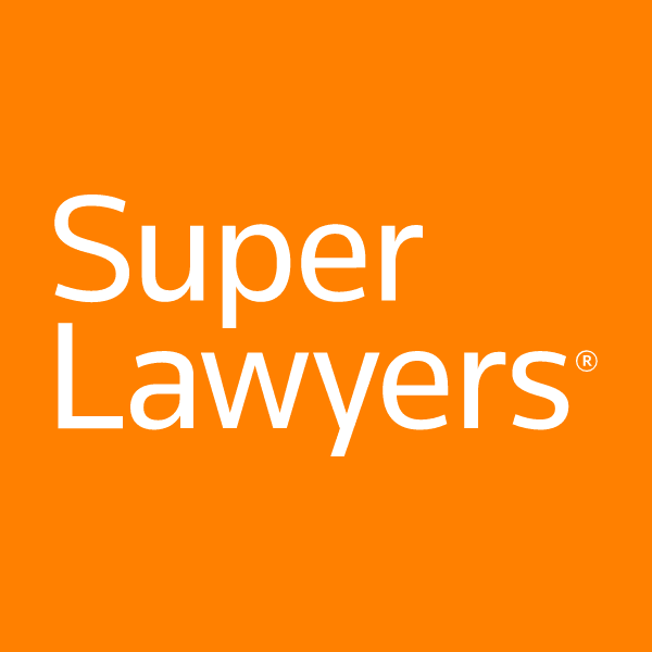 Logo of "Super Lawyers" on an orange background, featuring bold white text.