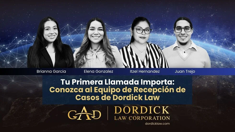 A promotional image featuring four individuals, with text introducing the reception team of Dordick Law against a cosmic background.