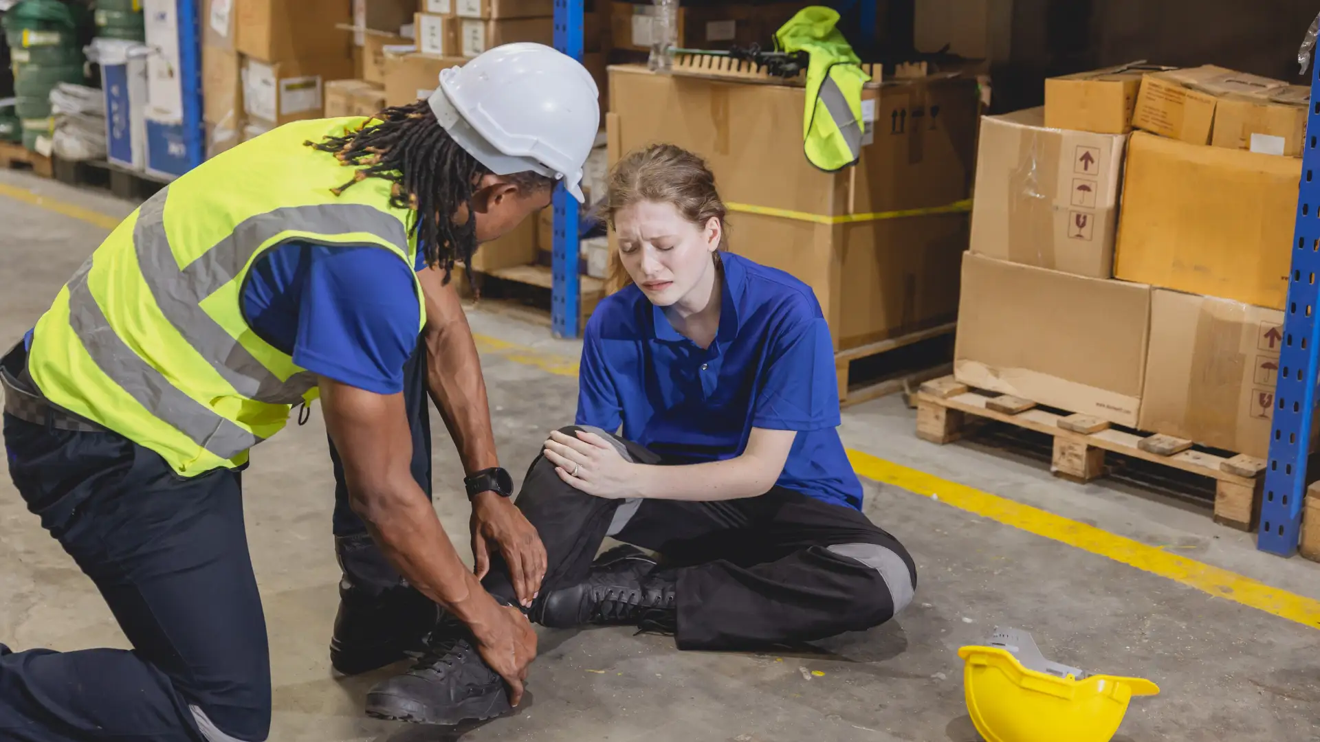 Warehouse worker assisting an injured colleague sitting on the floor.