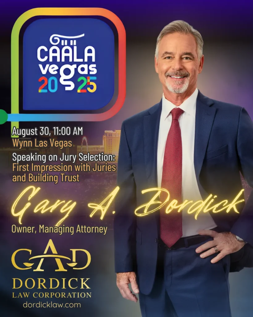 Flyer advertising Gary A. Dordick's speaking engagement on August 30, 2025 at 11:00 AM at Wynn Las Vegas. His speech is titled "Jury Selection: First Impression with Juries and Building Trust."